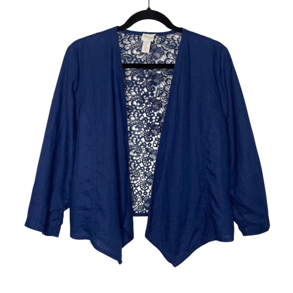 Chicos Linen Jacket Womens M Navy Blue Lace Back Open Front Ruched Sleeve Chic